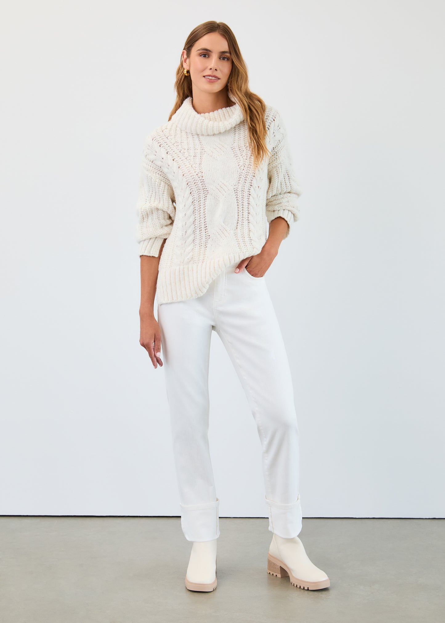 Cabled Cowl Neck Sweater