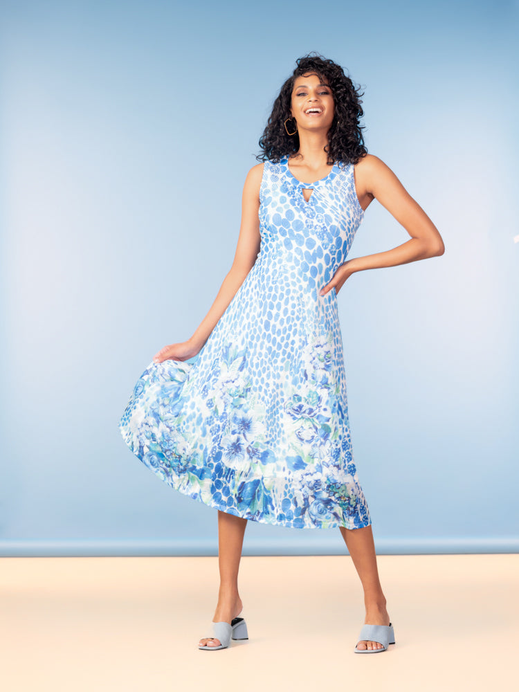 Blue Sleeveless Dress With Keyhole