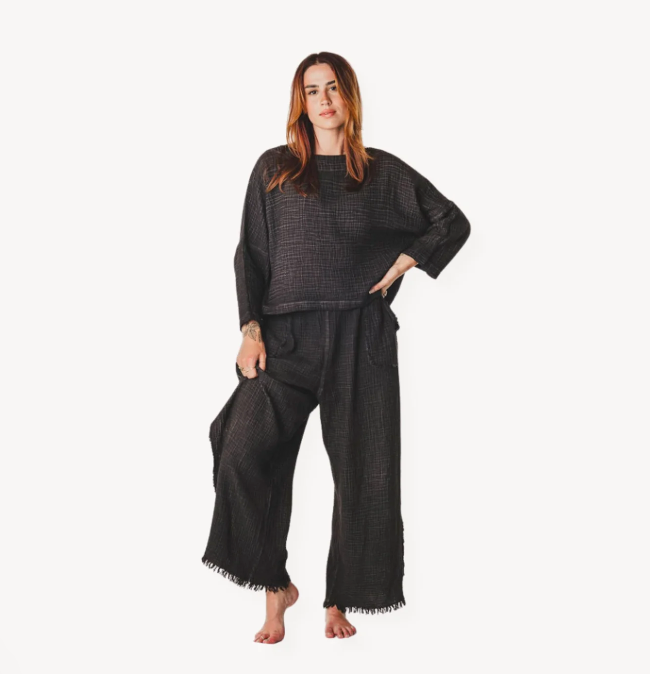 Crinkle Long Sleeve Boat Neck Top