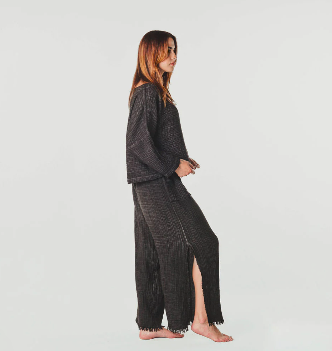Crinkle Long Sleeve Boat Neck Top