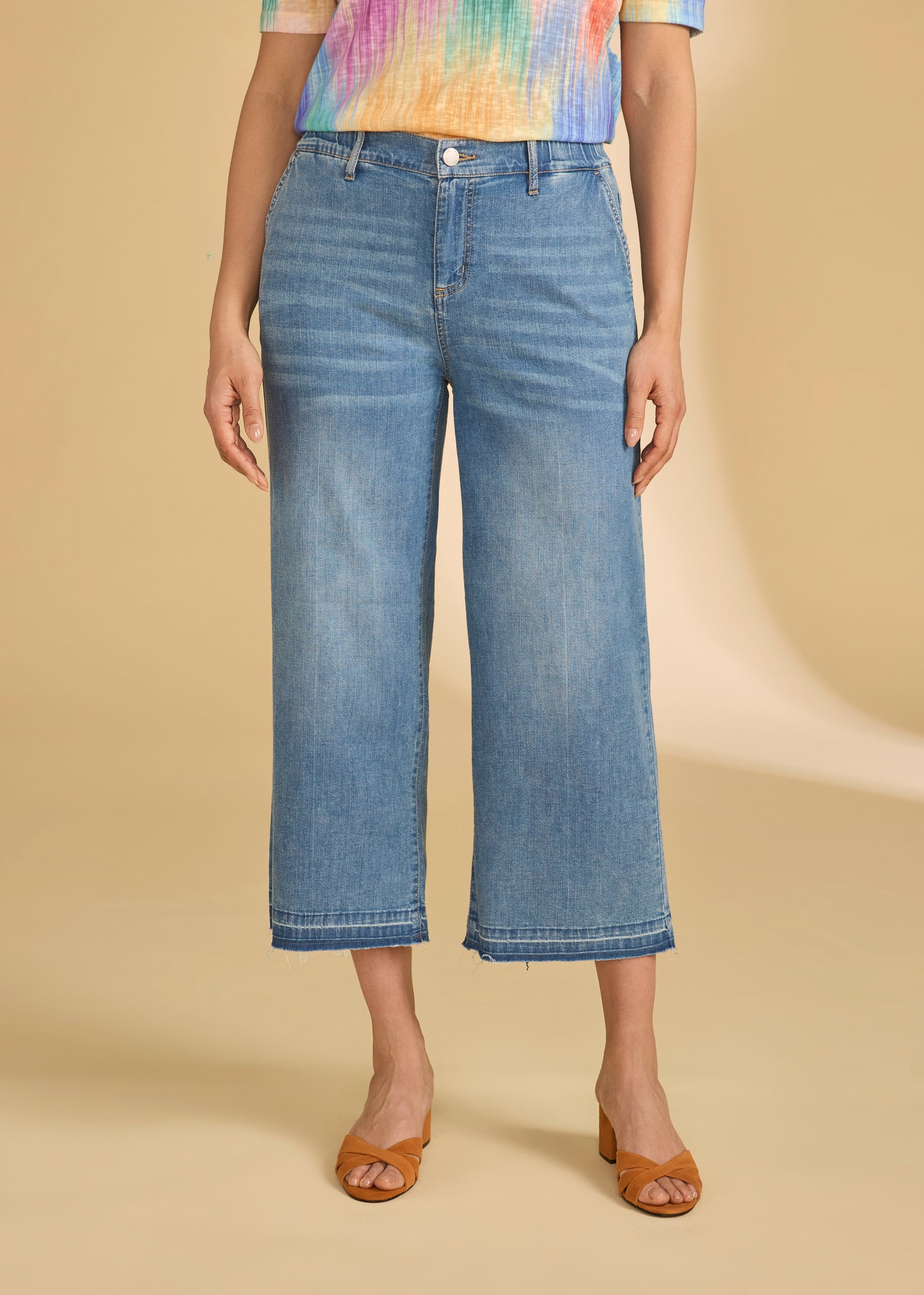 Pull-On Wide Crop Trouser Denim, Medium Wash