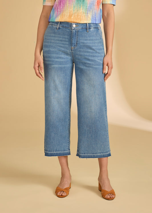 Pull-On Wide Crop Trouser Denim, Medium Wash