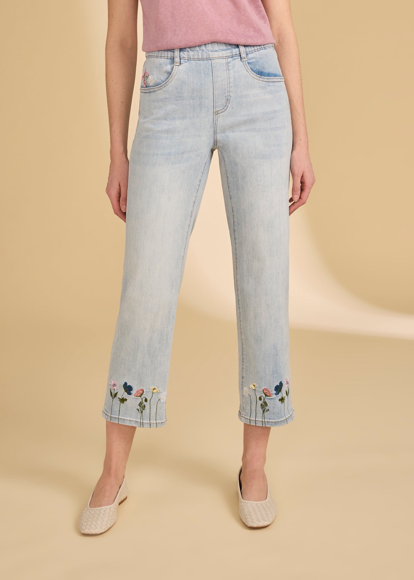 Pull-On Straight Crop Denim, Light Wash