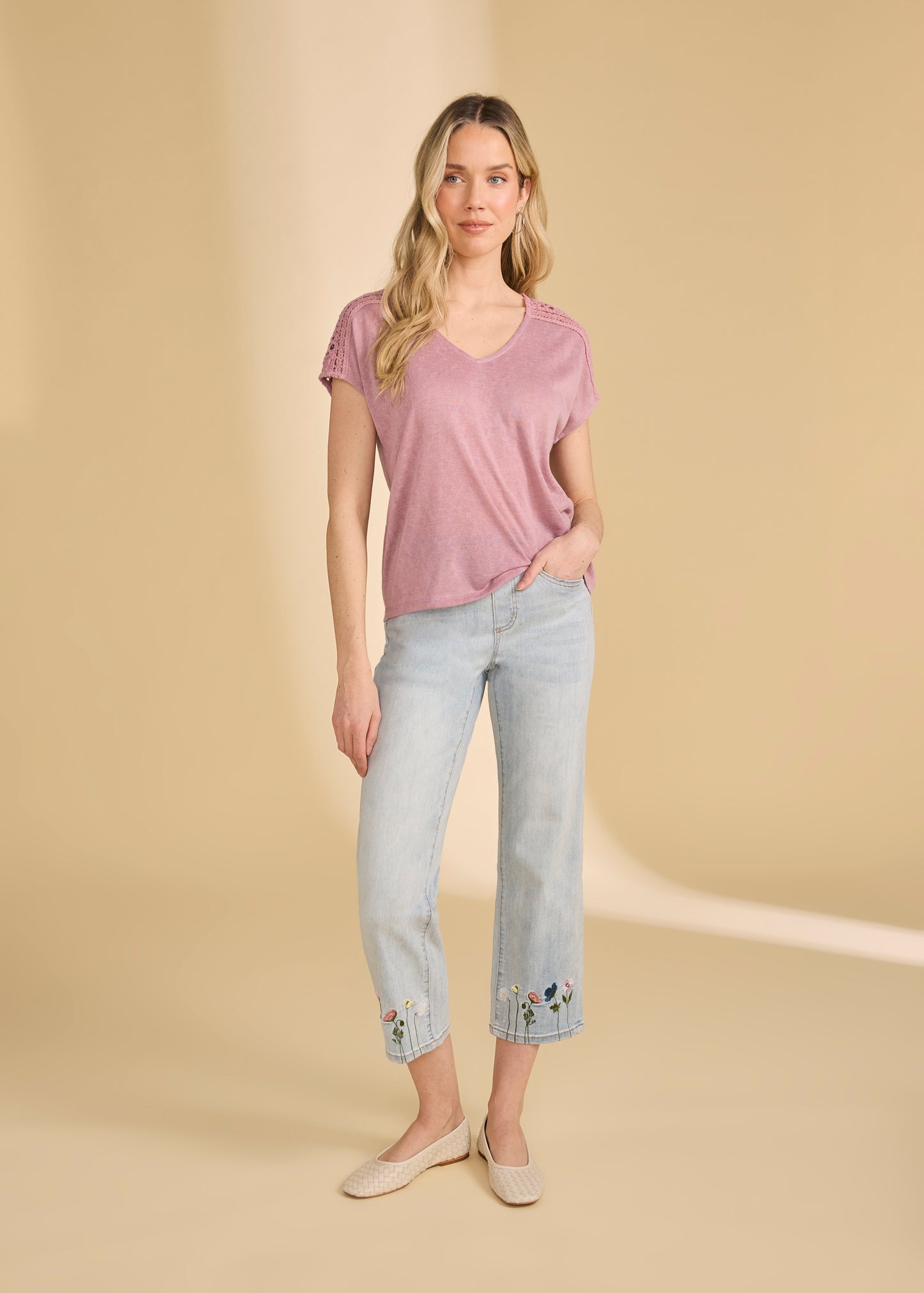 Pull-On Straight Crop Denim, Light Wash