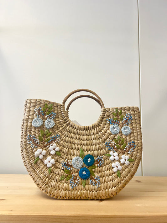 Embroidered Wicker Basket Handbag