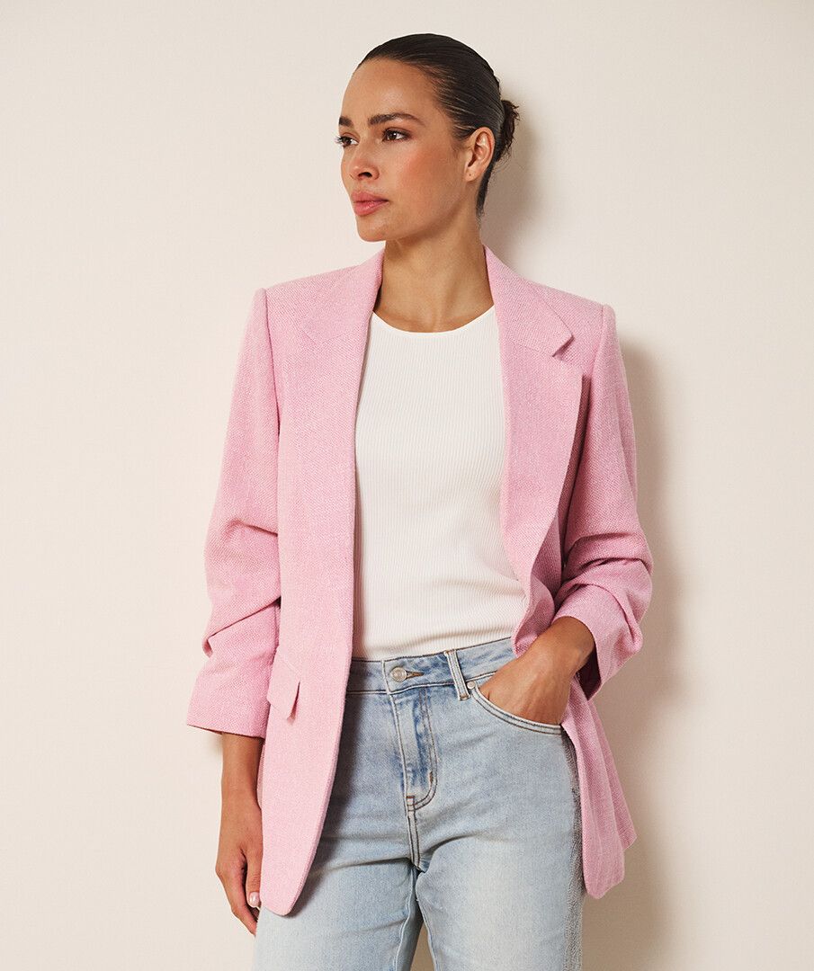 Linen Blazer with Rouched Sleeve