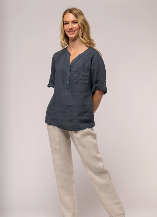 Linen Shirt with Roll Tab Sleeve