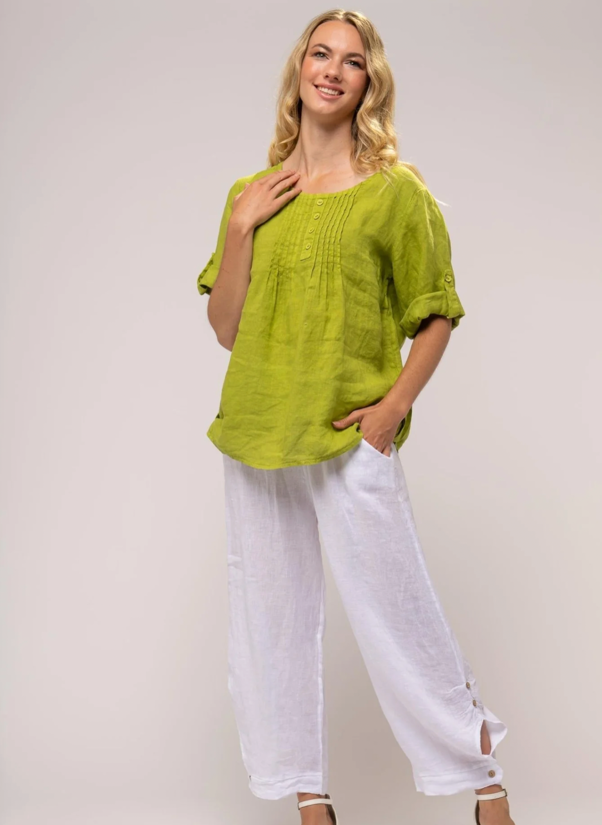 Pleated Linen Shirt with Roll Tab Sleeve
