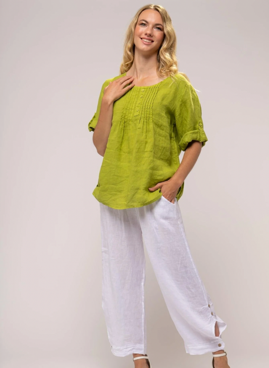 Pleated Linen Shirt with Roll Tab Sleeve