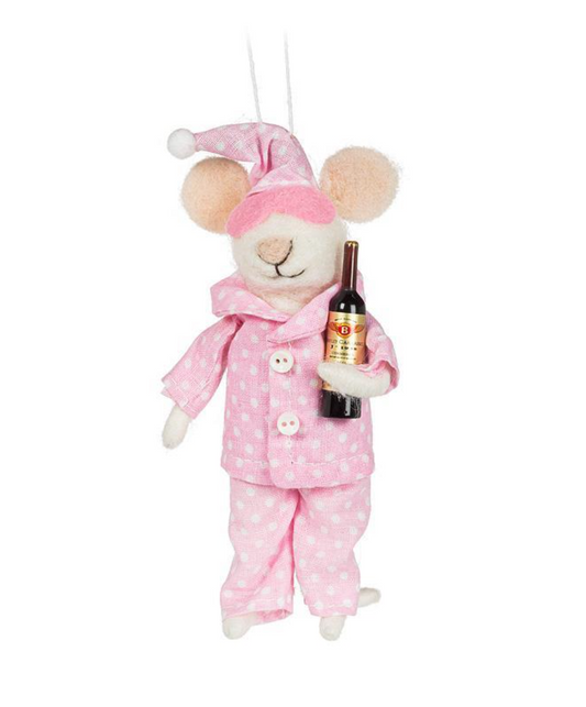Pajama Mouse with Wine Ornament