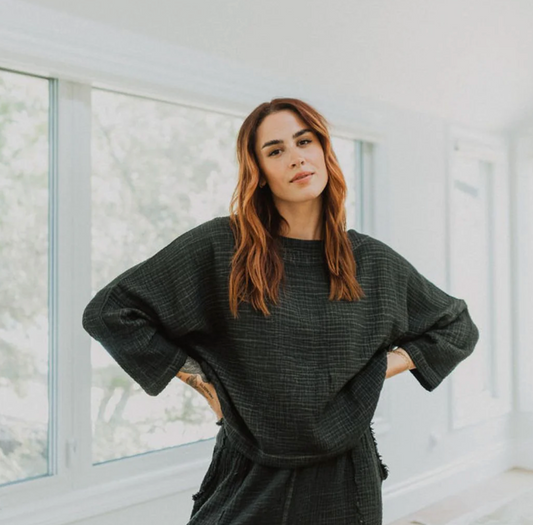 Crinkle Long Sleeve Boat Neck Top