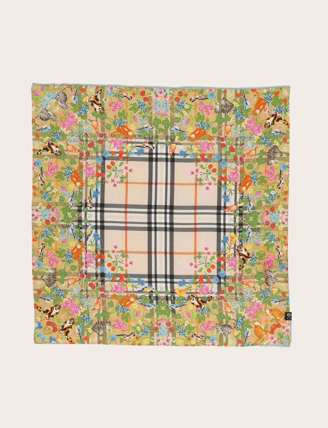 Silk Square Neck Scarf with Cats & Birds