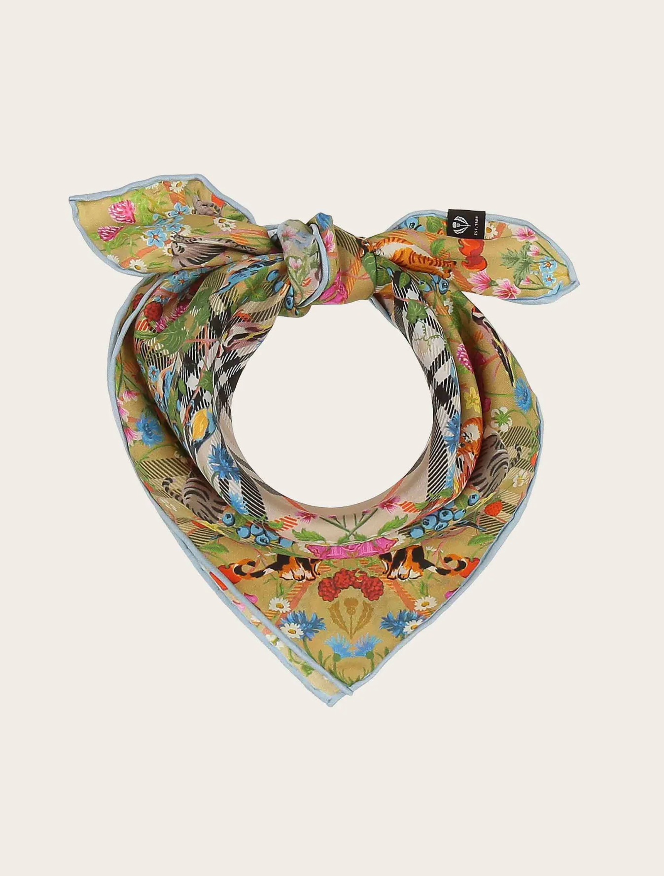 Silk Square Neck Scarf with Cats & Birds