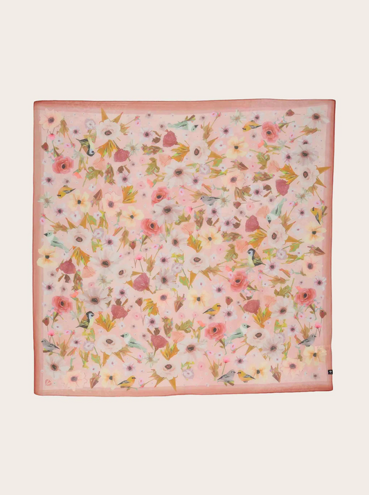 Square Silk Scarf with Flowers and Birds