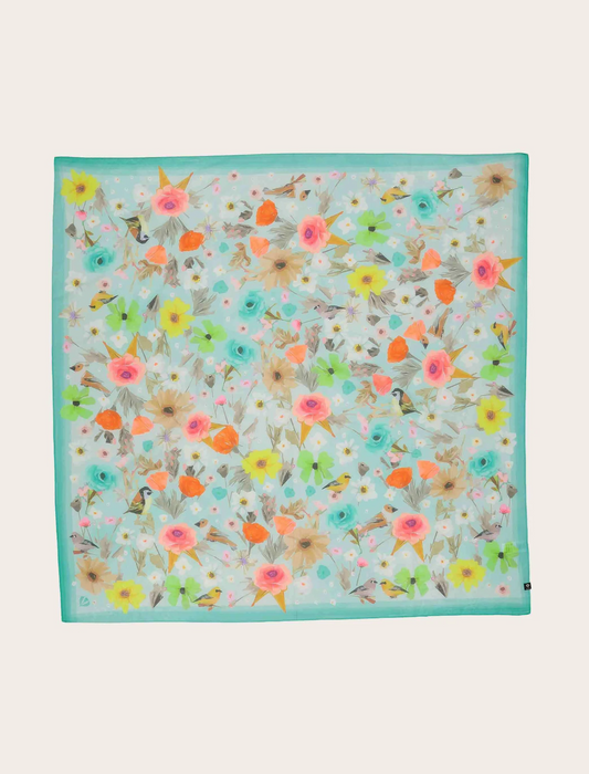 Square Silk Scarf with Flowers and Birds