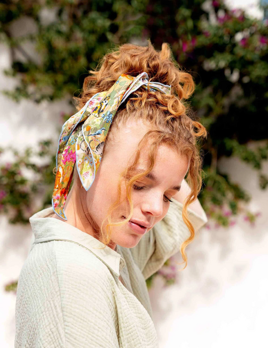 Silk Square Neck Scarf with Cats & Birds