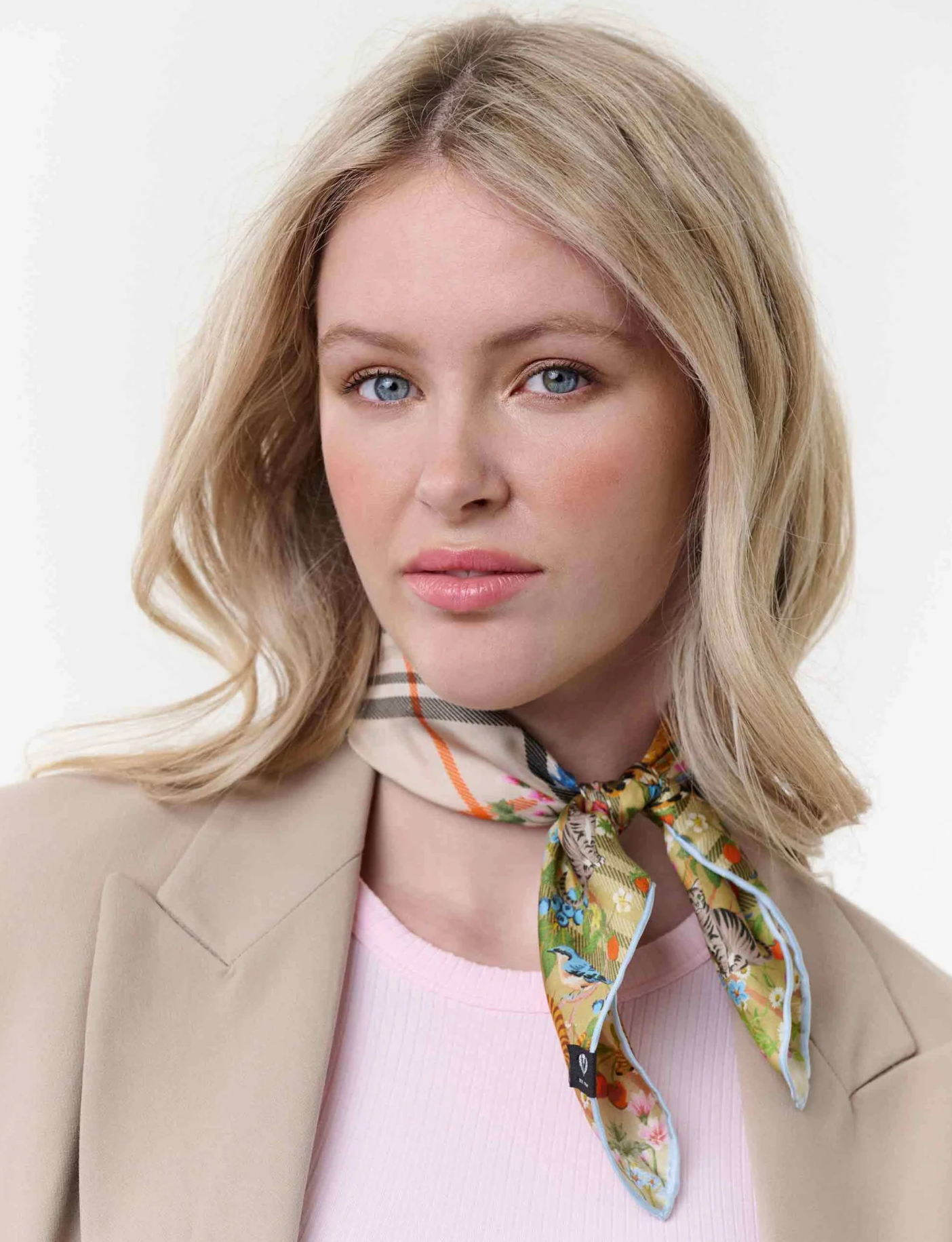 Silk Square Neck Scarf with Cats & Birds